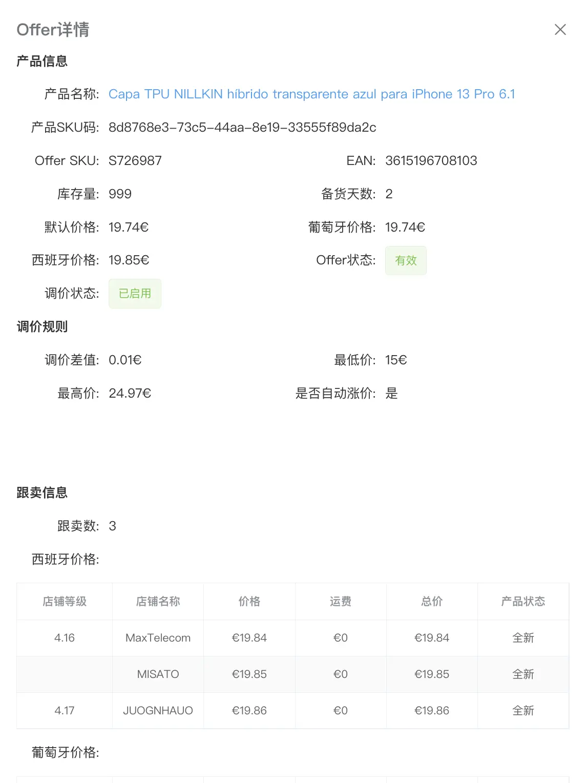 调价先锋 Offer 详情:葡萄牙价格、西班牙价格、调价差值、最低价、最高价、是否自动涨价,以及西班牙站跟卖店铺列表